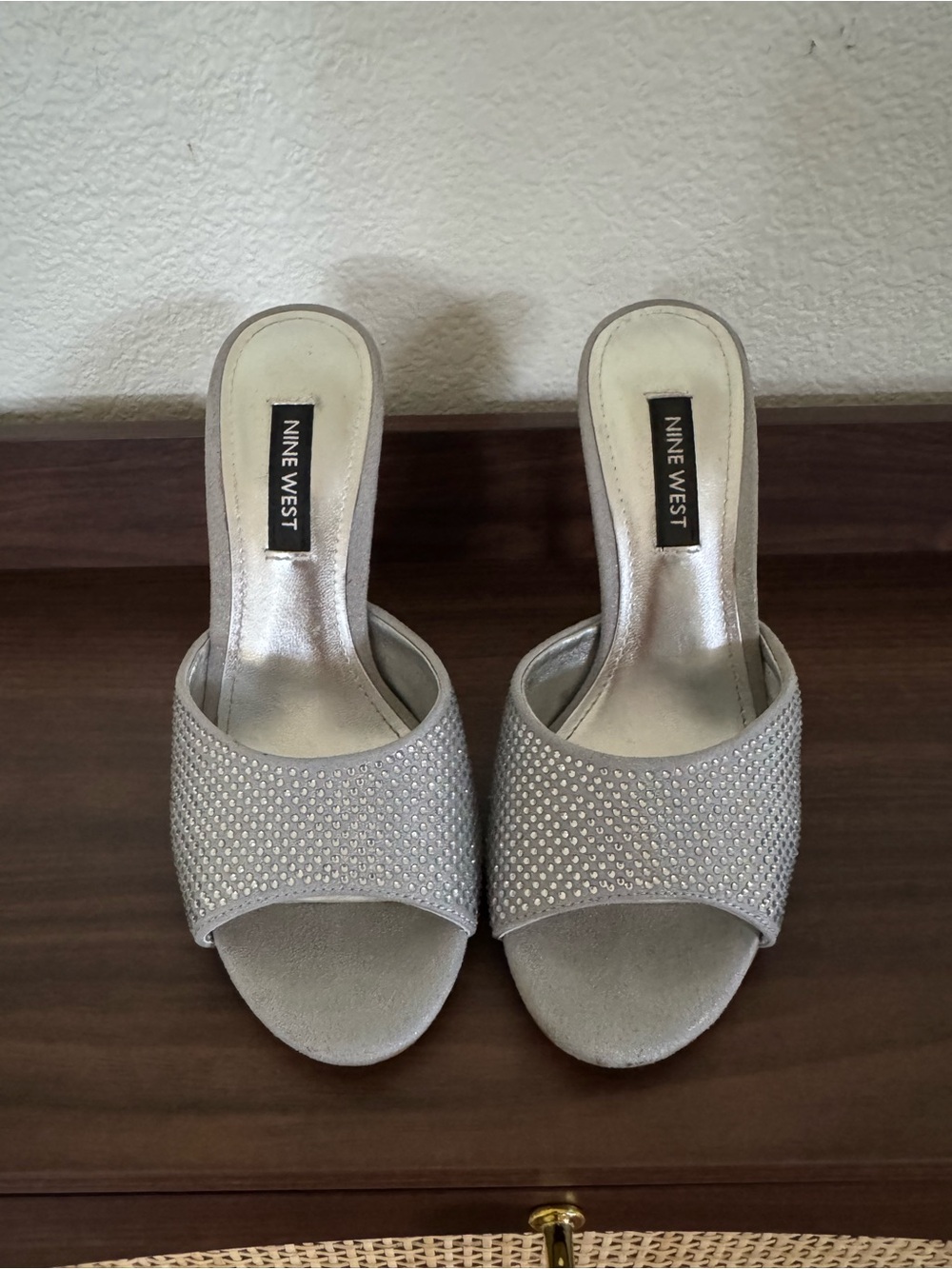 Nine West Silver Rhinestone Slide Heels